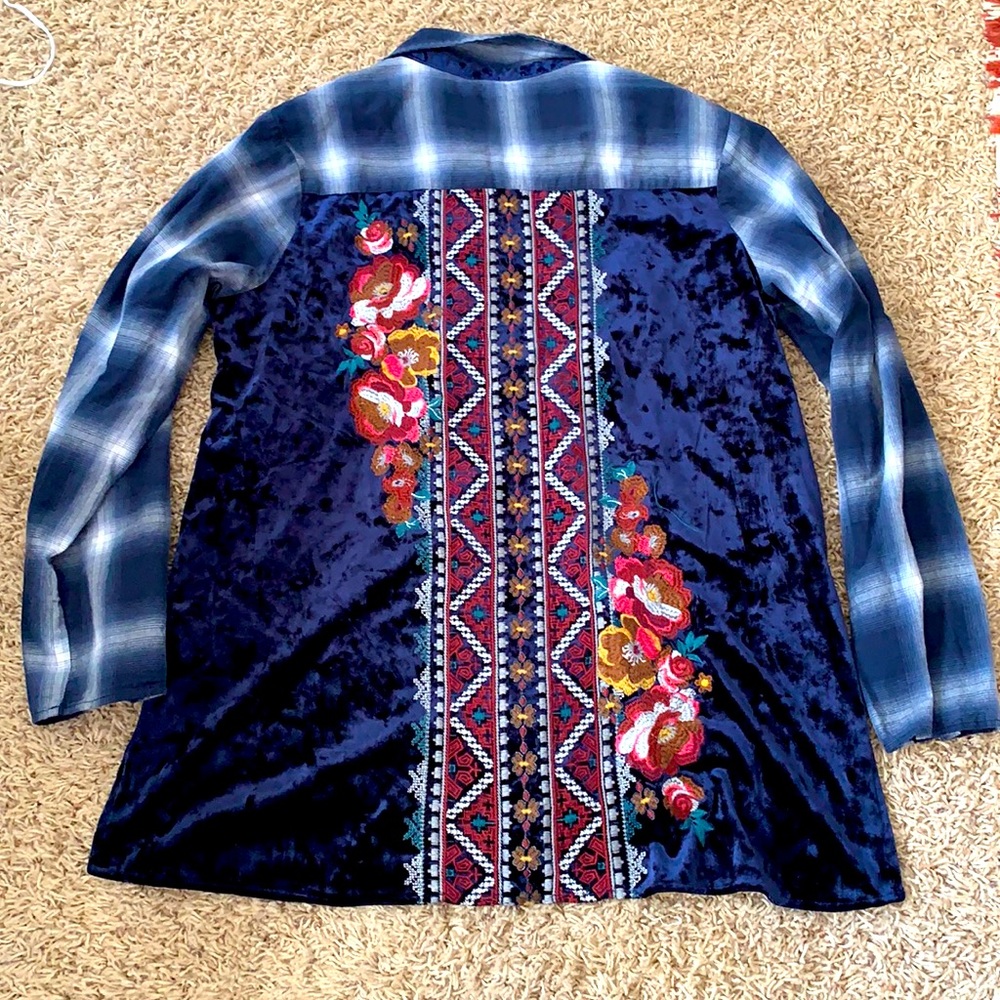 Embroidered Velvet Button Down Shirt - Blue
